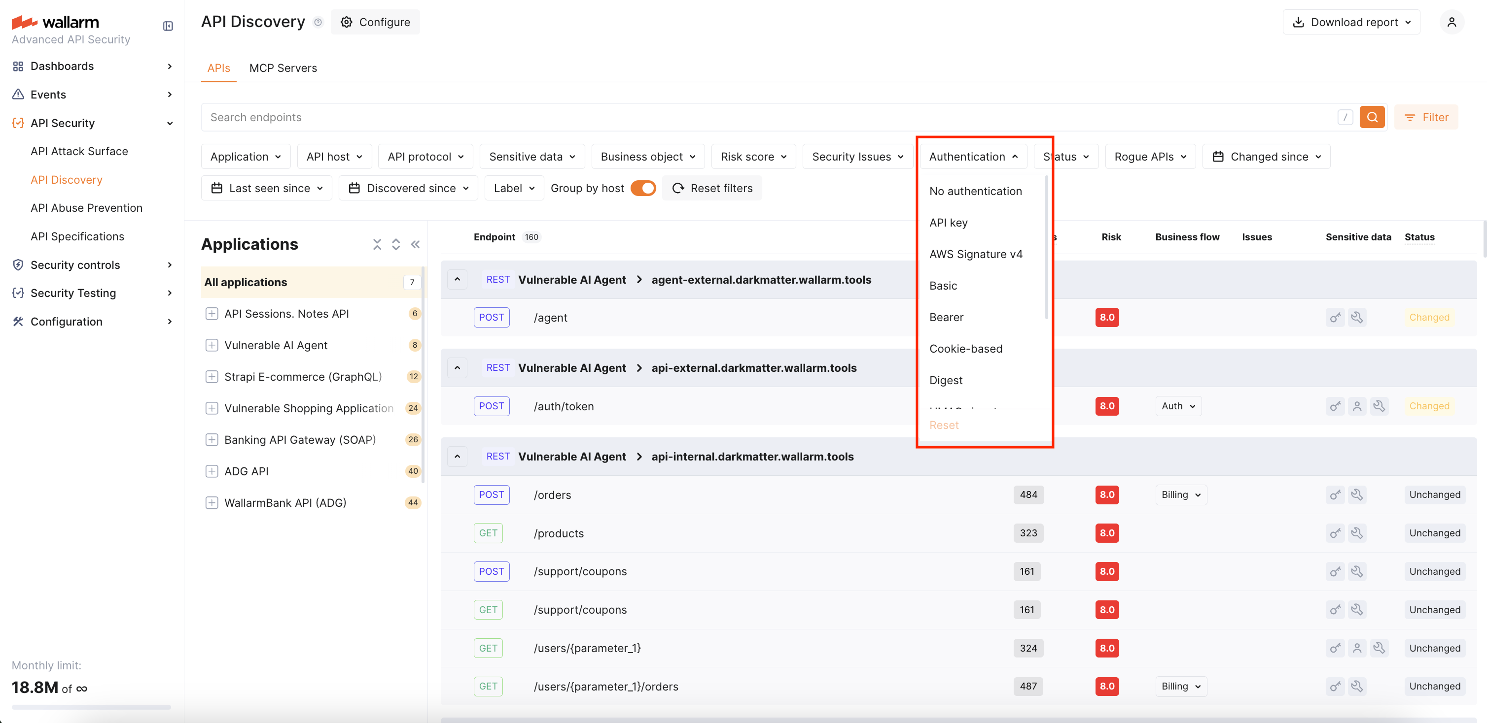 API Inventory: Auth flow filter