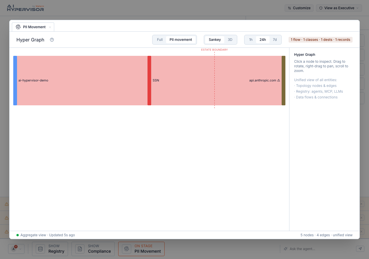 AI Hypervisor Data Tracks PII-movement graph: a Sankey view of a sensitive-data flow running from the ai-hypervisor-demo source, through the SSN data class, to the external api.anthropic.com destination, with the flow crossing the marked estate boundary